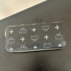 MCM Visetos Monogram Zip Around Wallet Black Gold Studded